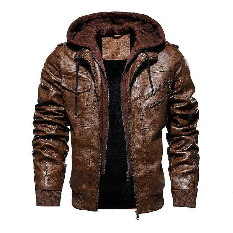 Veste Homme en Cuir Synthétique à Capuche Amovible