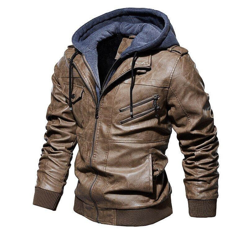 Veste Homme en Cuir Synthétique à Capuche Amovible
