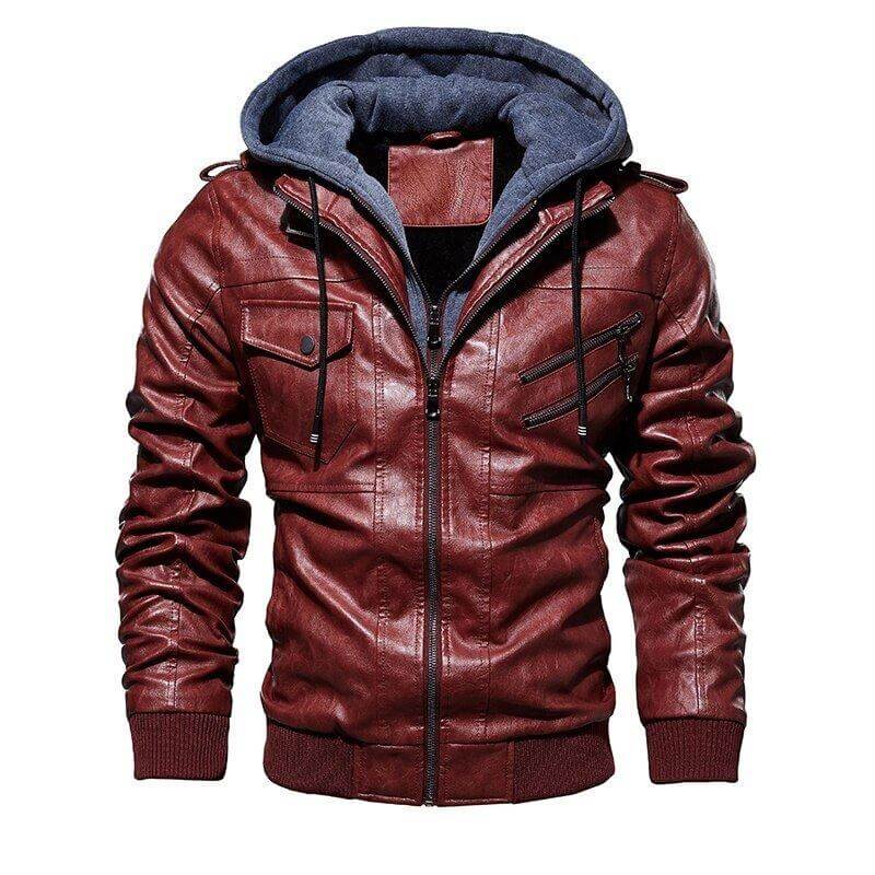 Veste Homme en Cuir Synthétique à Capuche Amovible