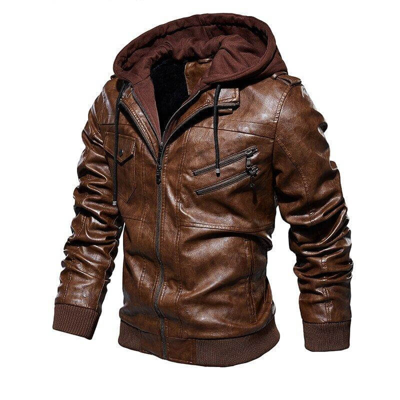 Veste Homme en Cuir Synthétique à Capuche Amovible